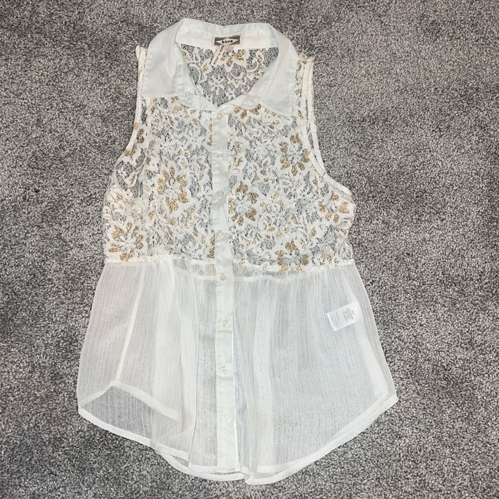 sheer top with gold and white lace button up collared top